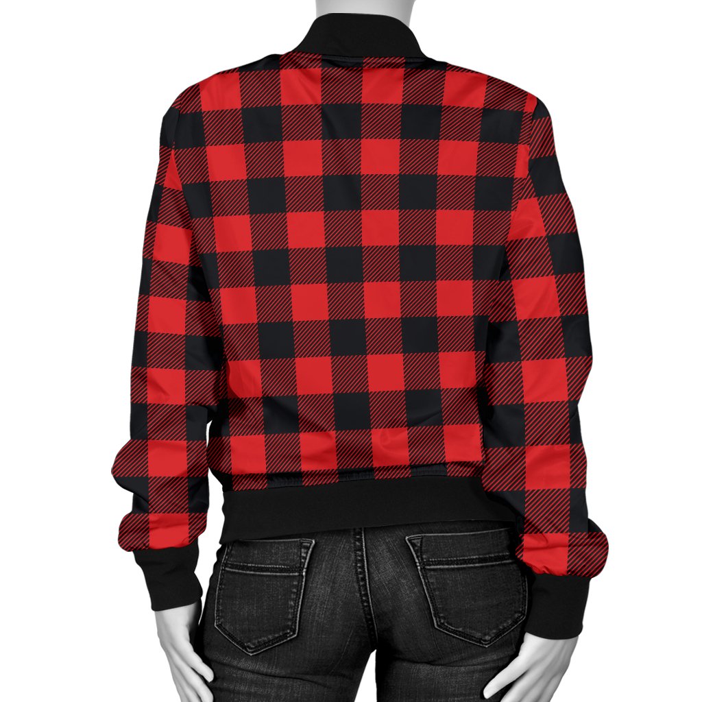 Red Black Buffalo Tartan Plaid Pattern Women Casual Bomber Jacket