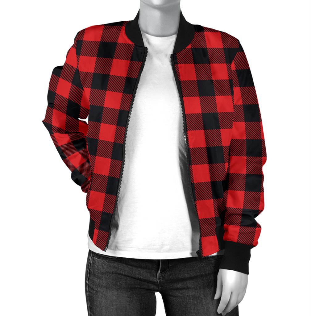 Red Black Buffalo Tartan Plaid Pattern Women Casual Bomber Jacket
