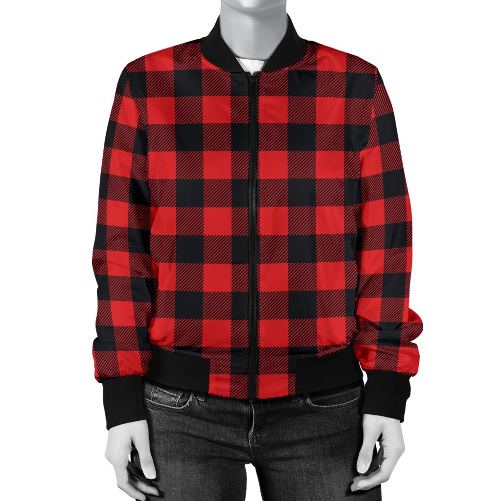 Red Black Buffalo Tartan Plaid Pattern Women Casual Bomber Jacket