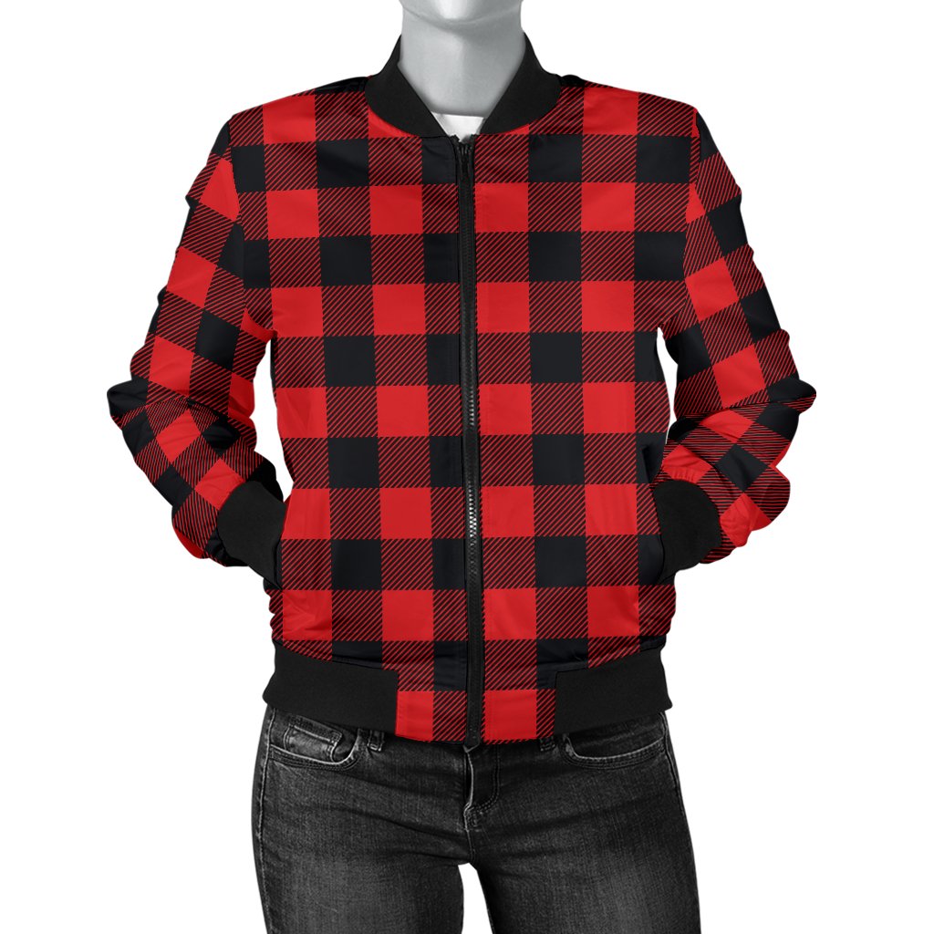 Red Black Buffalo Tartan Plaid Pattern Women Casual Bomber Jacket