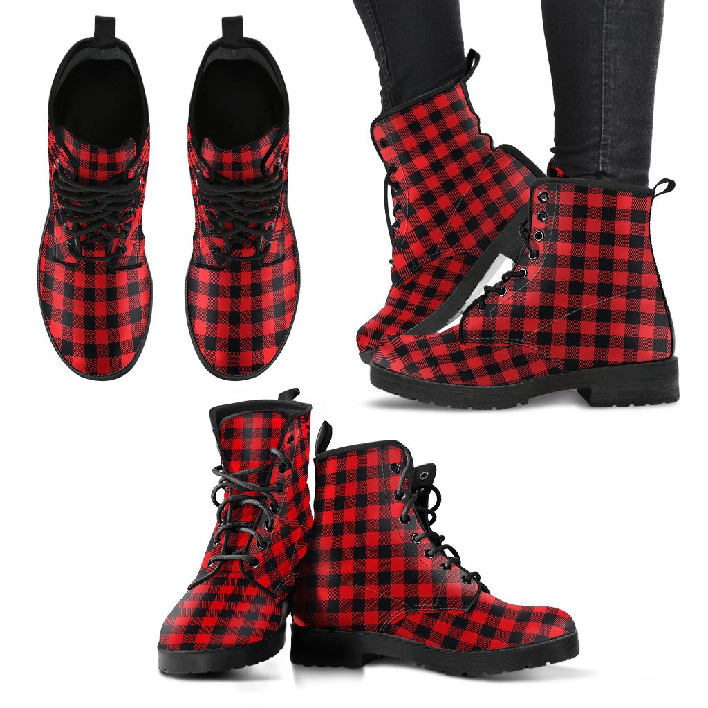 Red Black Buffalo Tartan Plaid Pattern Women Leather Boots-JTAMIGO.COM