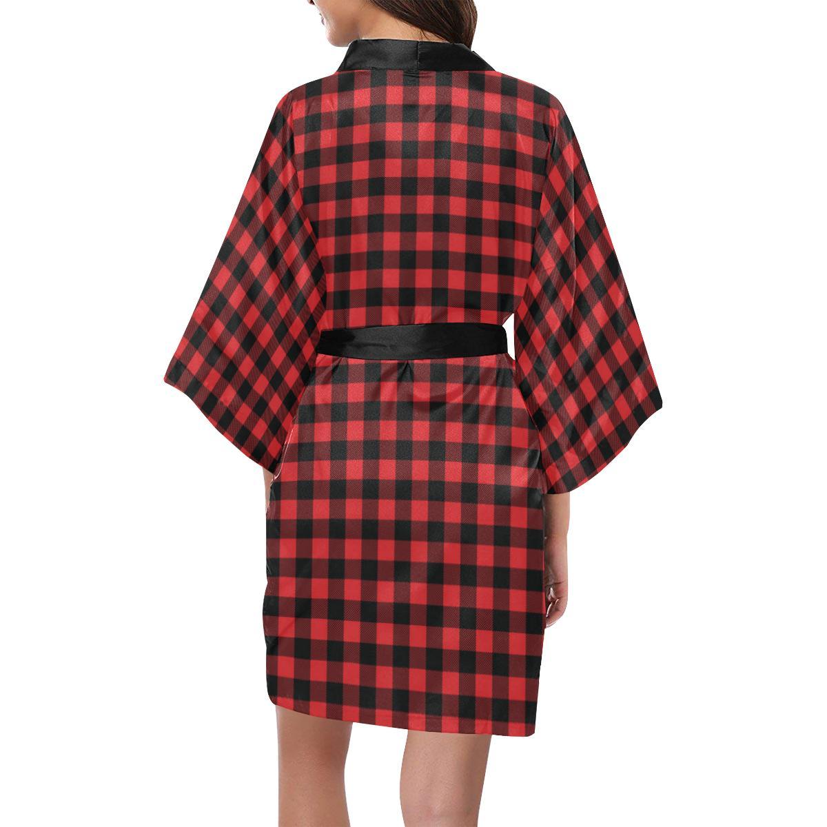 Red Black Buffalo Tartan Plaid Pattern Women Short Kimono Robe
