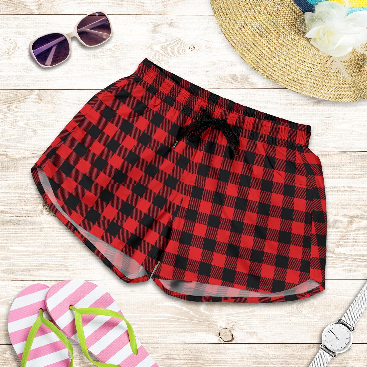 Red Black Buffalo Tartan Plaid Pattern Women Shorts-JTAMIGO.COM