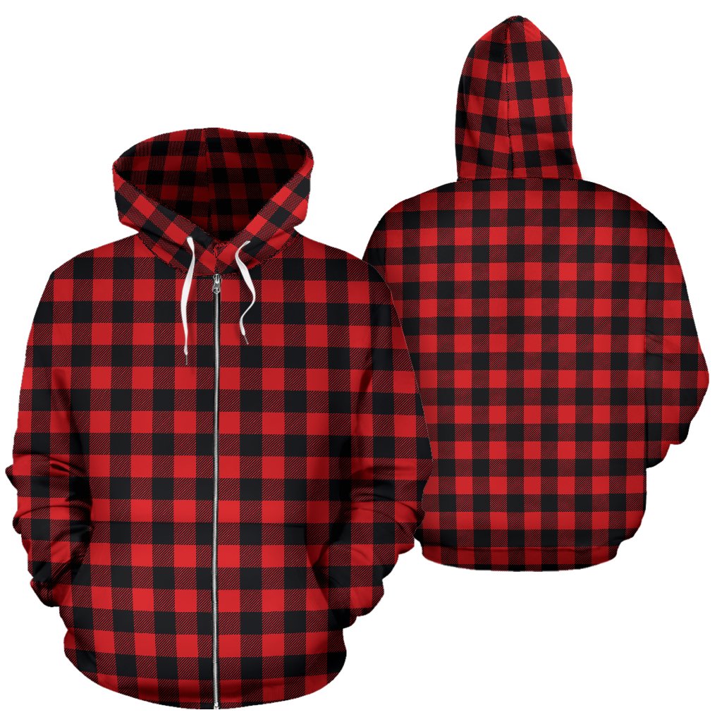 Red Black Buffalo Tartan Plaid Pattern Zip Up Hoodie