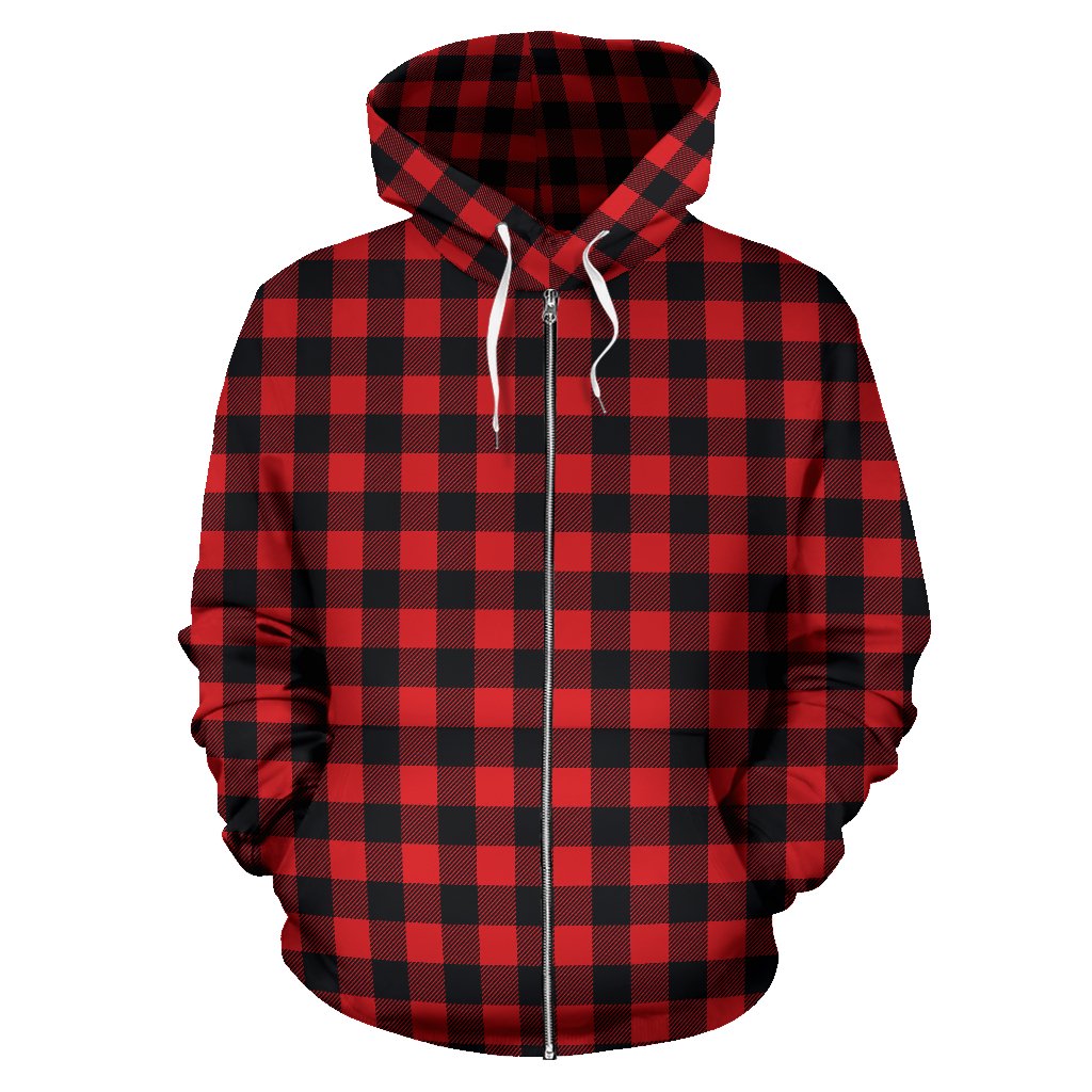 Red Black Buffalo Tartan Plaid Pattern Zip Up Hoodie