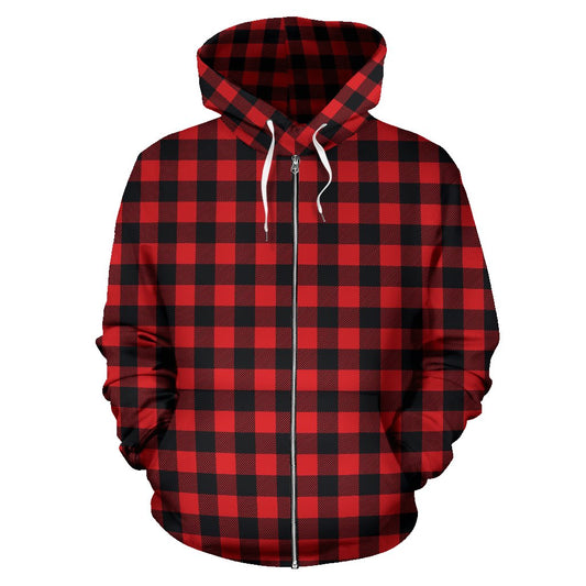 Red Black Buffalo Tartan Plaid Pattern Zip Up Hoodie