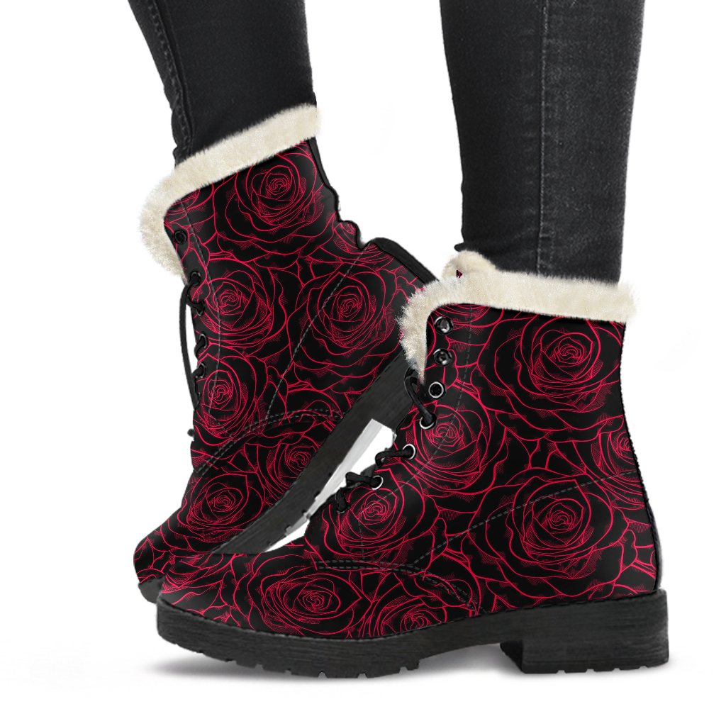 Red Rose Design Print Faux Fur Leather Boots-JTAMIGO.COM