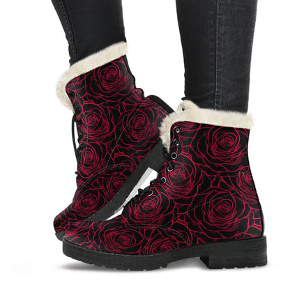 Red Rose Design Print Faux Fur Leather Boots-JTAMIGO.COM