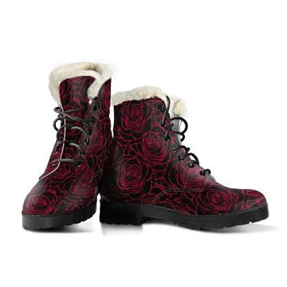Red Rose Design Print Faux Fur Leather Boots-JTAMIGO.COM