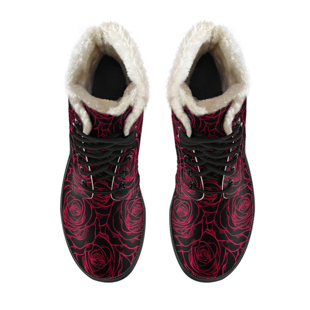 Red Rose Design Print Faux Fur Leather Boots-JTAMIGO.COM