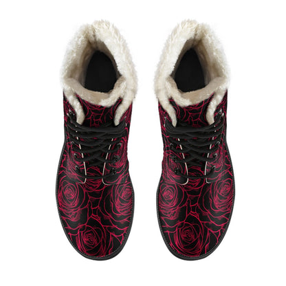 Red Rose Design Print Faux Fur Leather Boots-JTAMIGO.COM