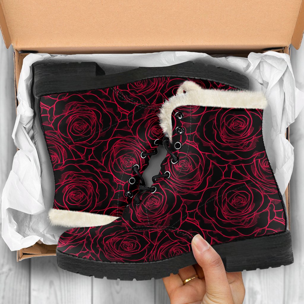 Red Rose Design Print Faux Fur Leather Boots-JTAMIGO.COM