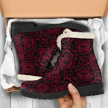 Red Rose Design Print Faux Fur Leather Boots-JTAMIGO.COM