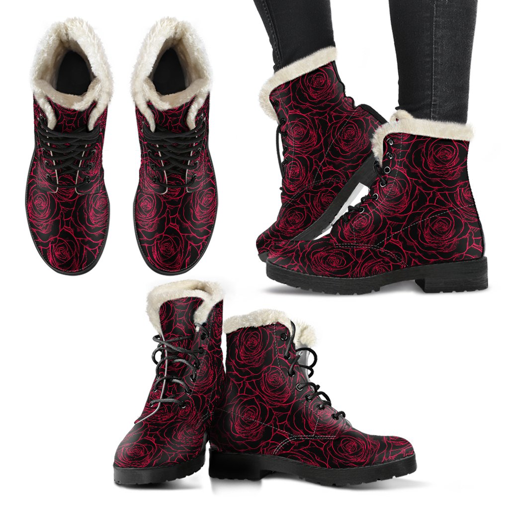 Red Rose Design Print Faux Fur Leather Boots-JTAMIGO.COM
