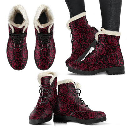 Red Rose Design Print Faux Fur Leather Boots-JTAMIGO.COM