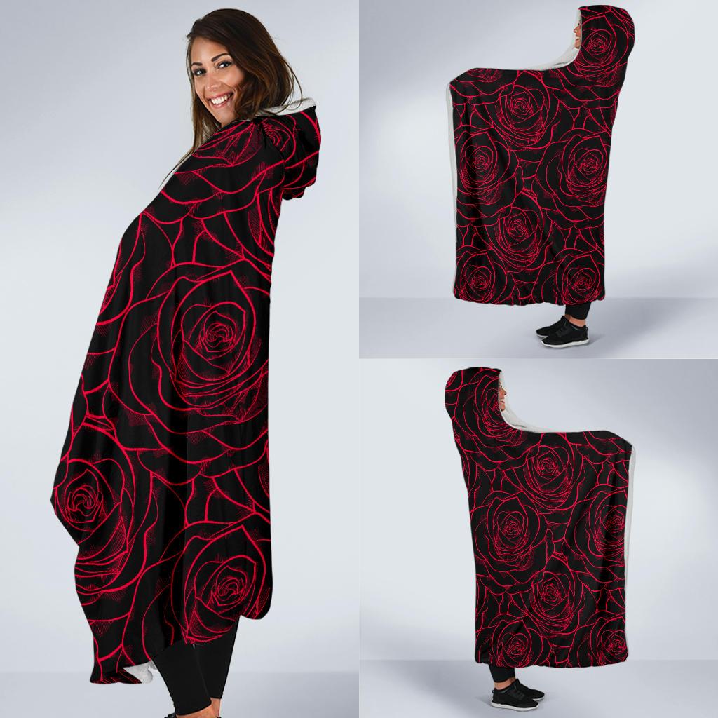 Red Rose Design Print Hooded Blanket-JTAMIGO.COM