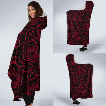 Red Rose Design Print Hooded Blanket-JTAMIGO.COM