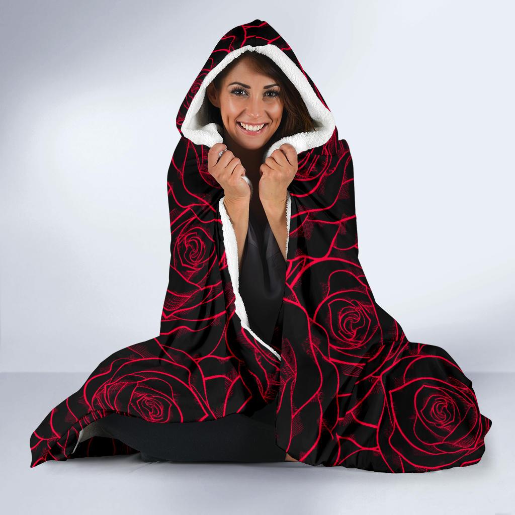 Red Rose Design Print Hooded Blanket-JTAMIGO.COM