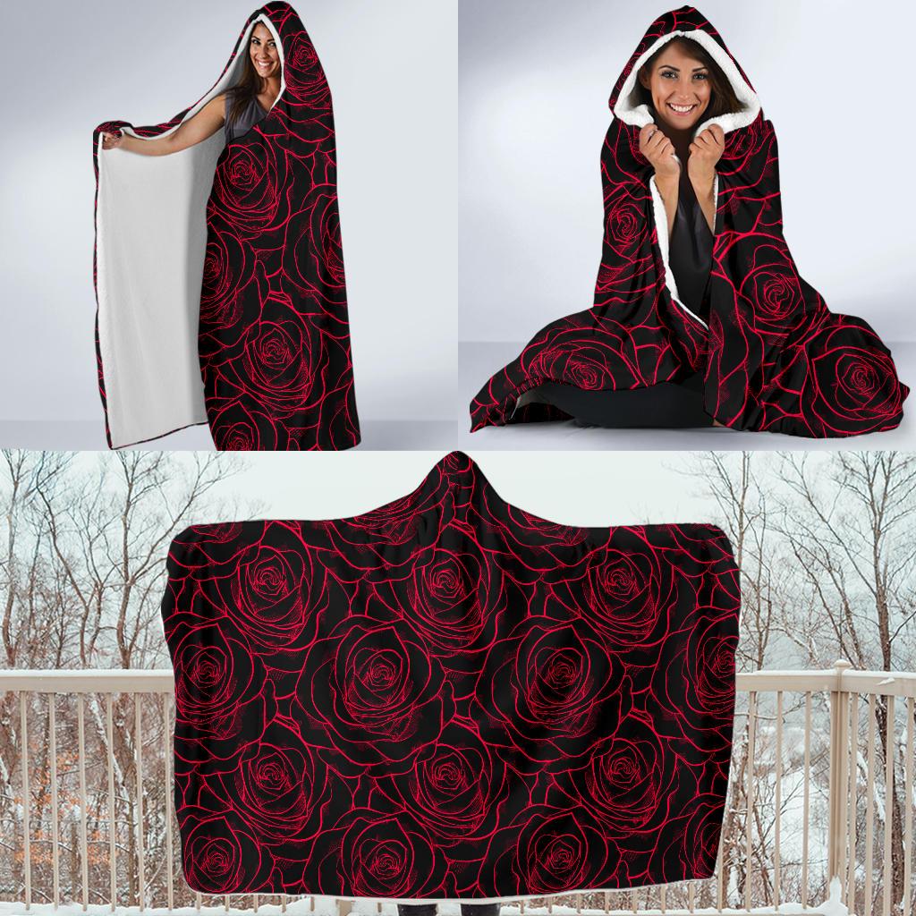 Red Rose Design Print Hooded Blanket-JTAMIGO.COM