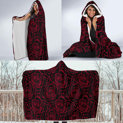 Red Rose Design Print Hooded Blanket-JTAMIGO.COM