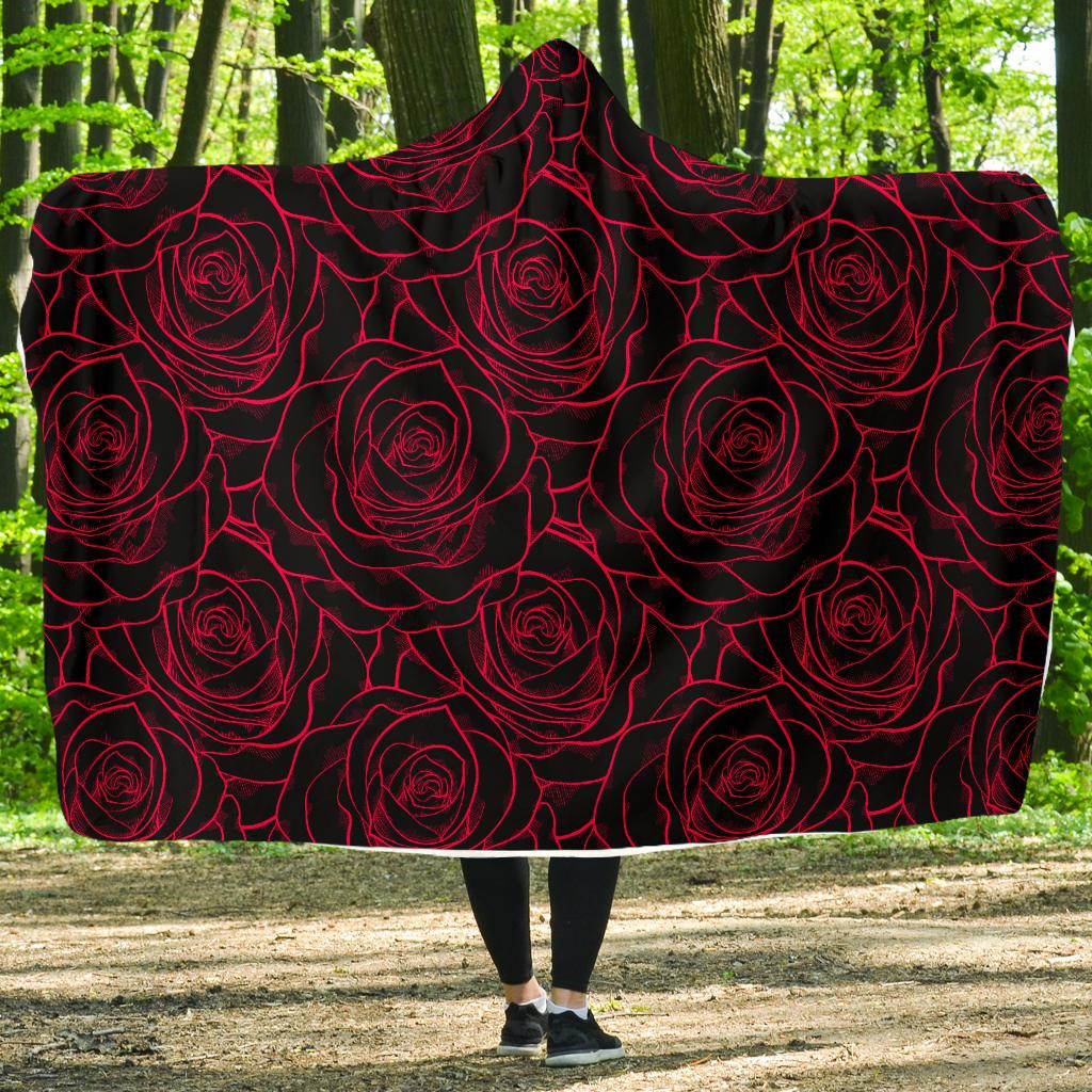 Red Rose Design Print Hooded Blanket-JTAMIGO.COM