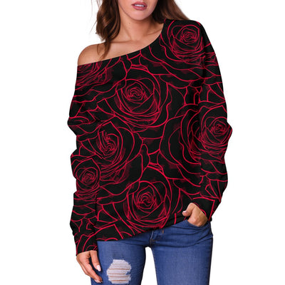 Red Rose Design Print Off Shoulder Sweatshirt