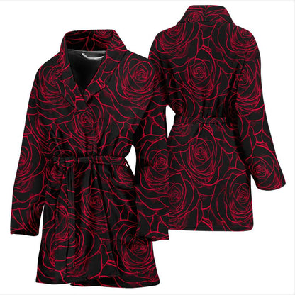 Red Rose Design Print Women Bath Robe-JTAMIGO.COM