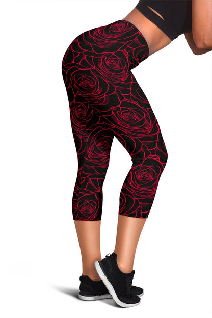 Red Rose Design Print Women Capris