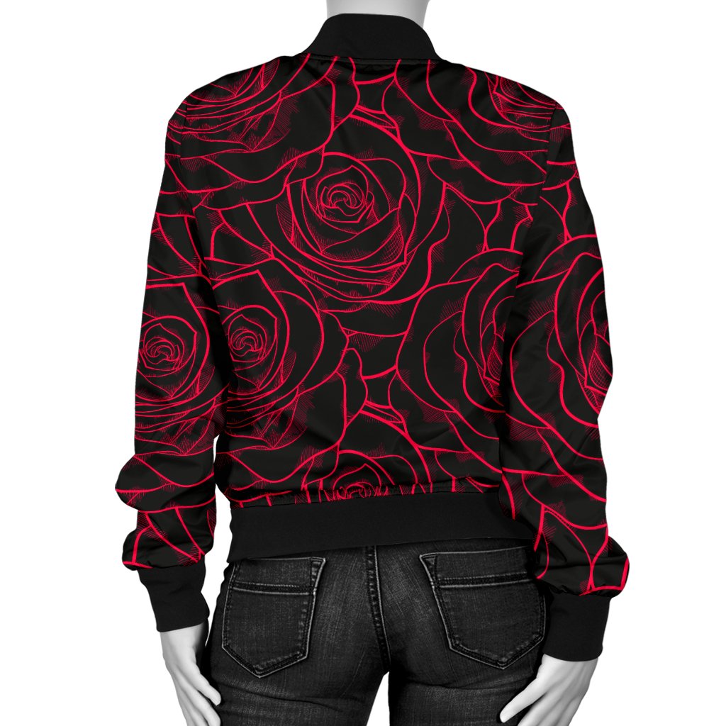 Red Rose Design Print Women Casual Bomber Jacket