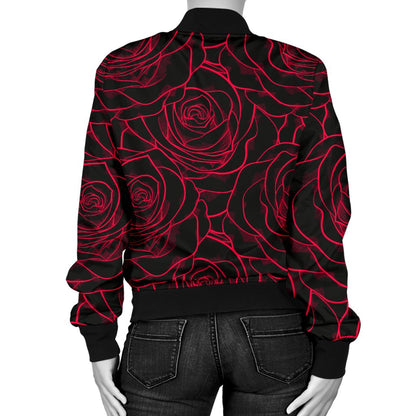 Red Rose Design Print Women Casual Bomber Jacket