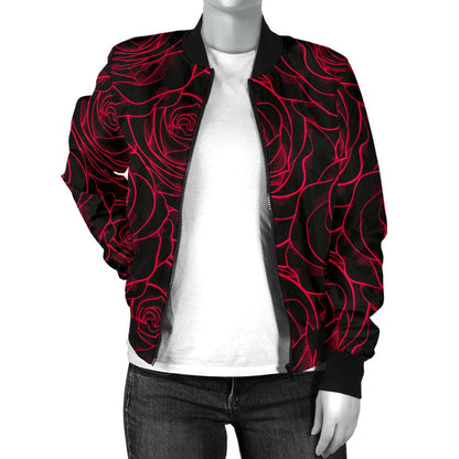 Red Rose Design Print Women Casual Bomber Jacket