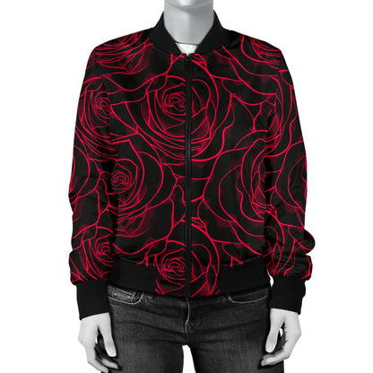 Red Rose Design Print Women Casual Bomber Jacket