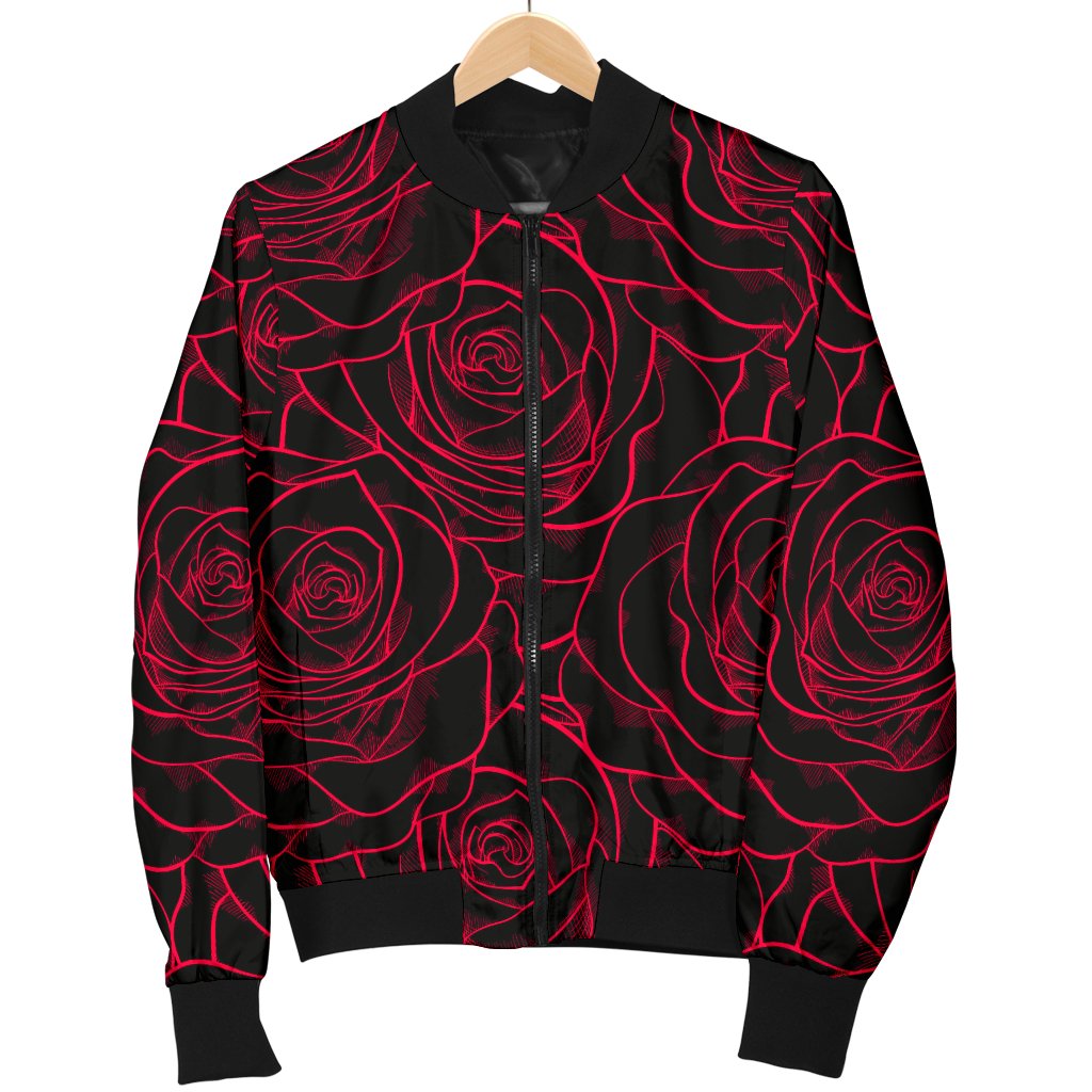 Red Rose Design Print Women Casual Bomber Jacket