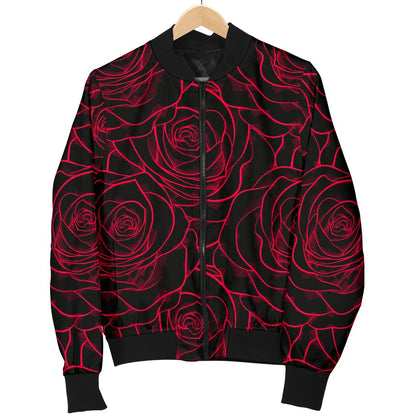 Red Rose Design Print Women Casual Bomber Jacket