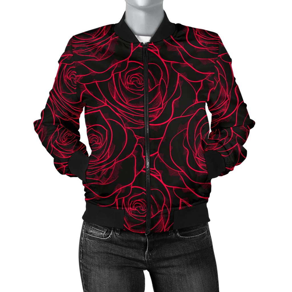 Red Rose Design Print Women Casual Bomber Jacket