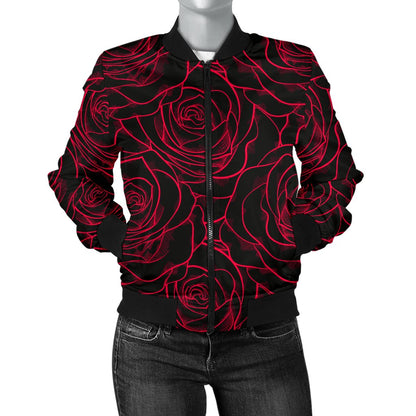 Red Rose Design Print Women Casual Bomber Jacket