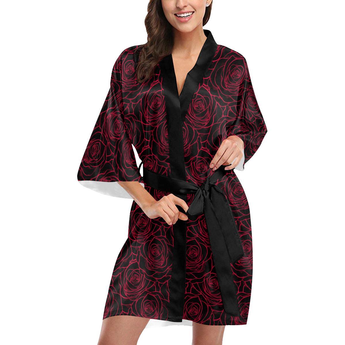 Red Rose Design Print Women Short Kimono Robe