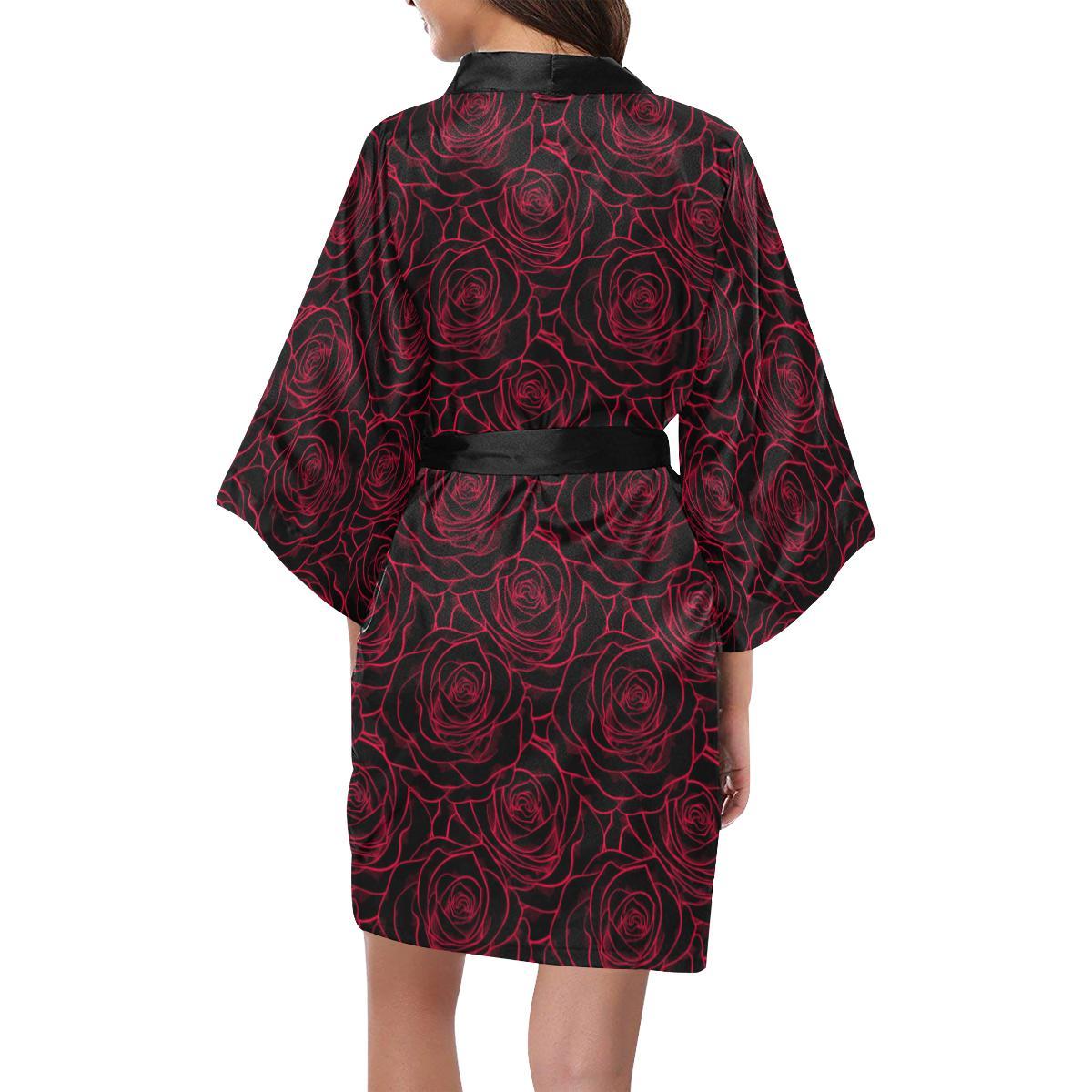 Red Rose Design Print Women Short Kimono Robe