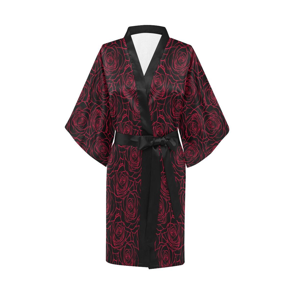 Red Rose Design Print Women Short Kimono Robe