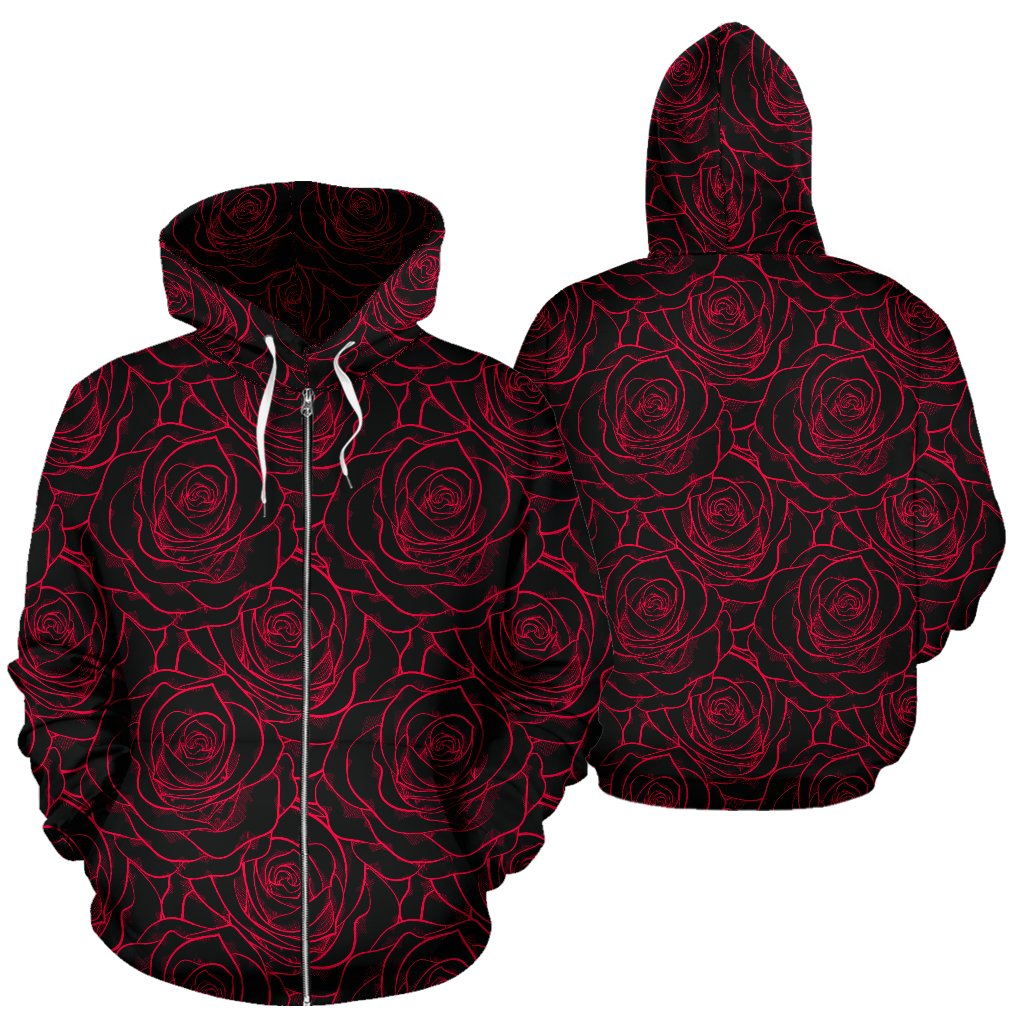 Red Rose Design Print Zip Up Hoodie