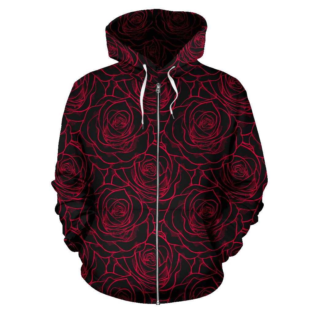 Red Rose Design Print Zip Up Hoodie