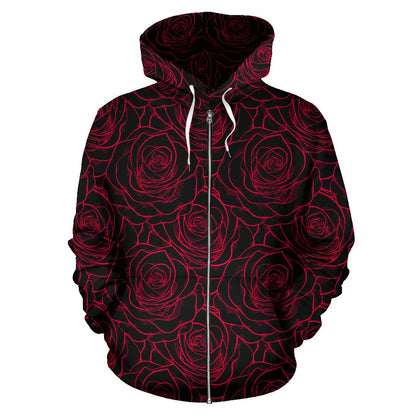 Red Rose Design Print Zip Up Hoodie