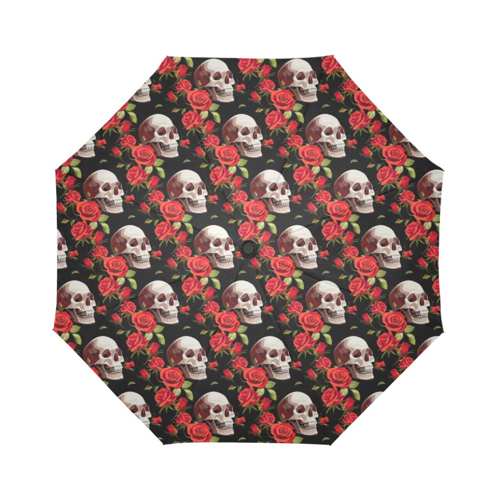 Red Rose Skull Design Print Automatic Foldable Umbrella