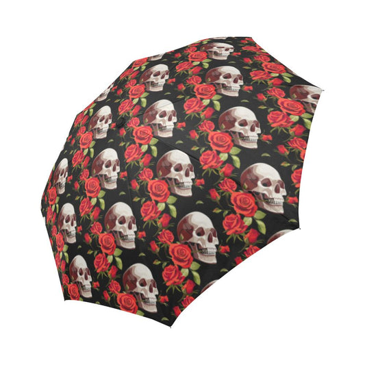 Red Rose Skull Design Print Automatic Foldable Umbrella