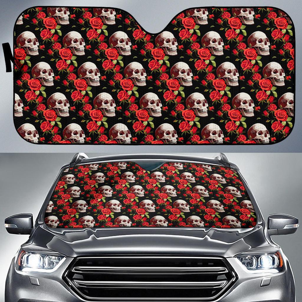 Red Rose Skull Design Print Car Sun Shade For Windshield