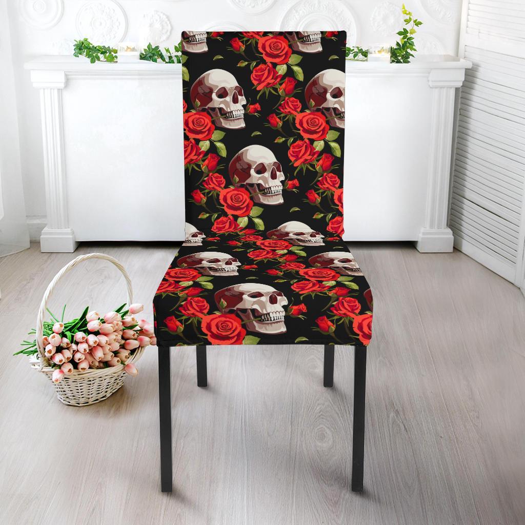 Red Rose Skull Design Print Dining Chair Slipcover-JTAMIGO.COM