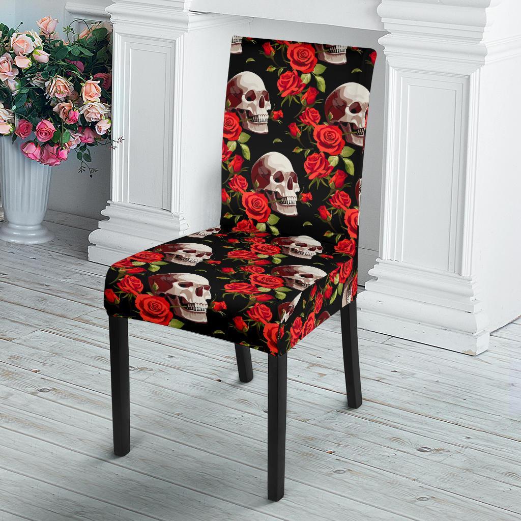 Red Rose Skull Design Print Dining Chair Slipcover-JTAMIGO.COM