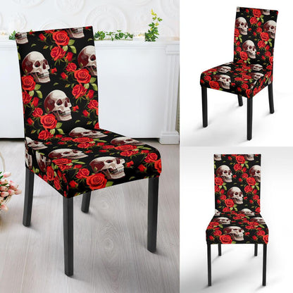 Red Rose Skull Design Print Dining Chair Slipcover-JTAMIGO.COM