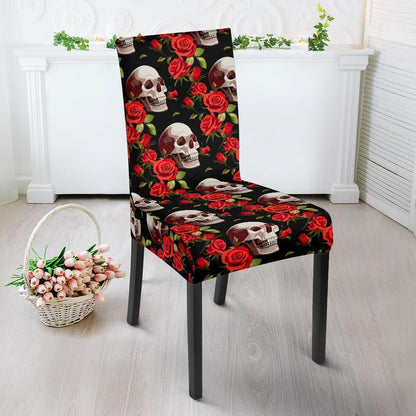 Red Rose Skull Design Print Dining Chair Slipcover-JTAMIGO.COM