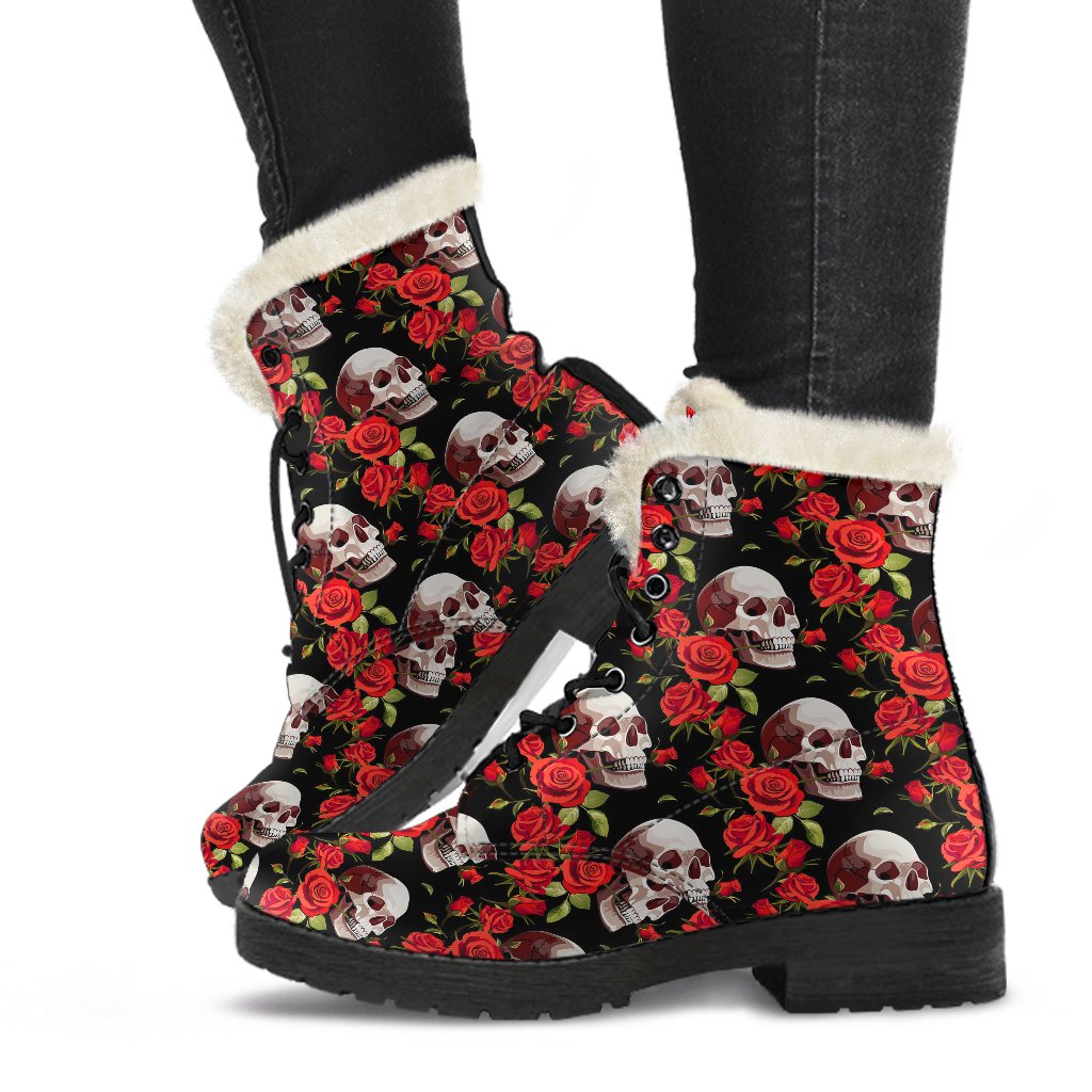 Red Rose Skull Design Print Faux Fur Leather Boots-JTAMIGO.COM